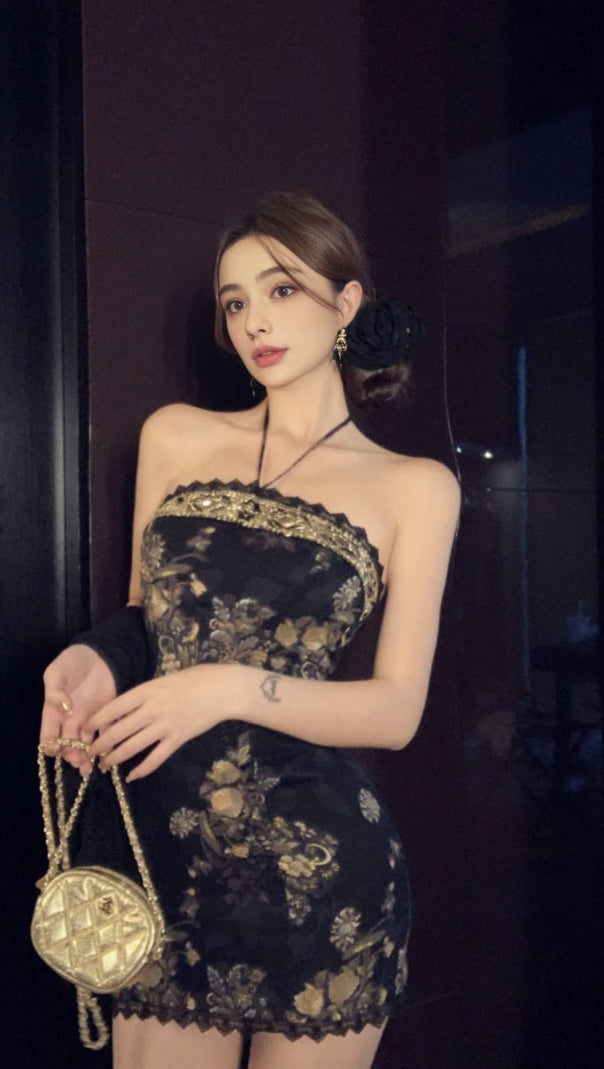 AIIZIE FLORAL - EMBROIDERED HALTER HOCO MINI DRESS - product image