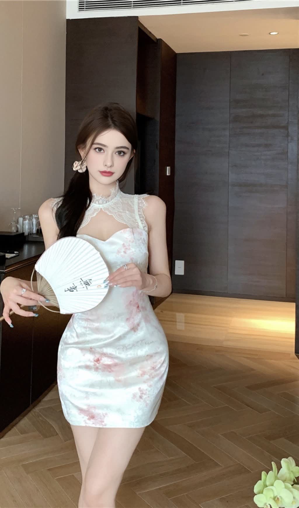 Lace - Neck Floral Cheongsam - Style Hoco Dress