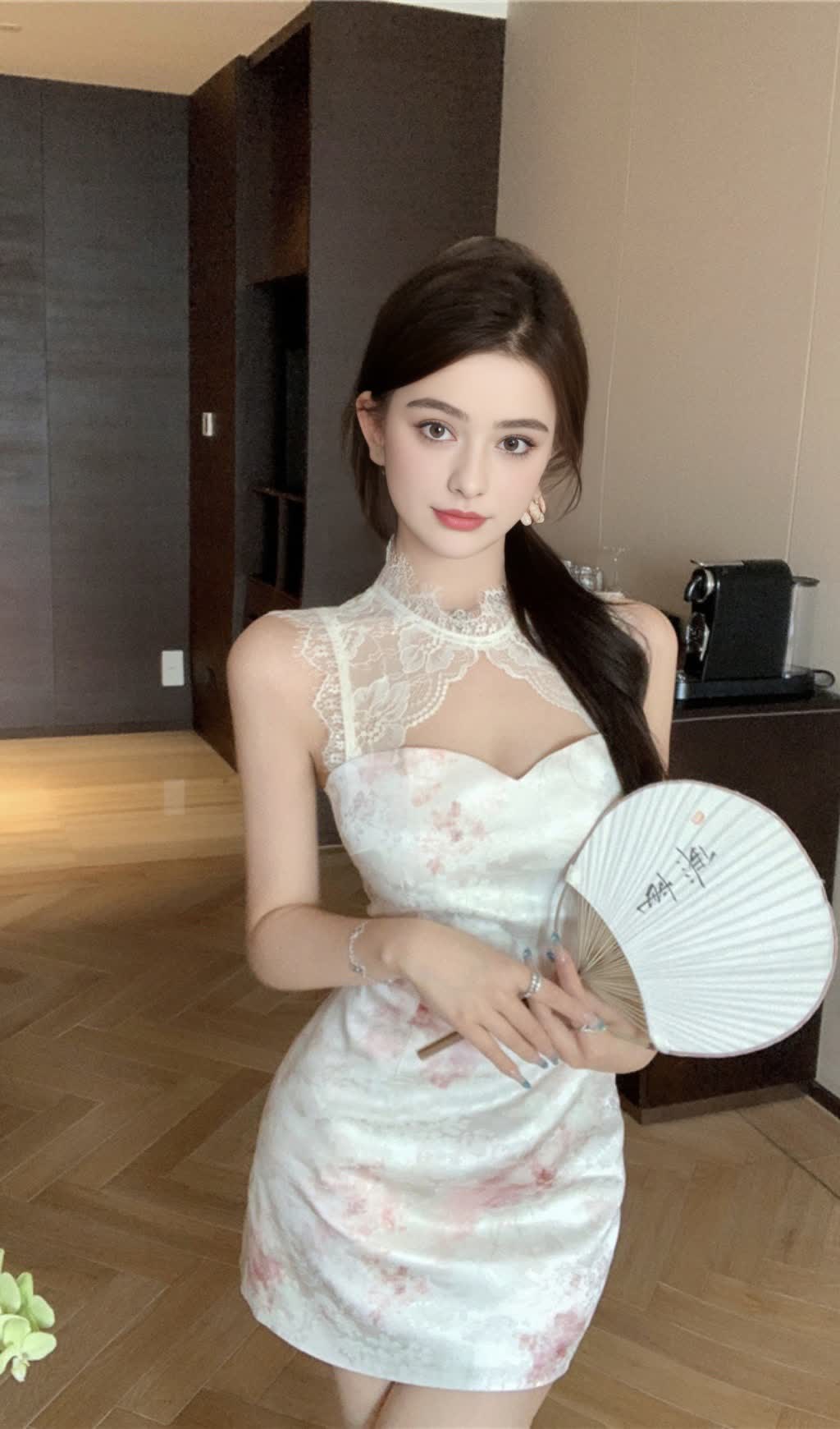 Lace - Neck Floral Cheongsam - Style Hoco Dress