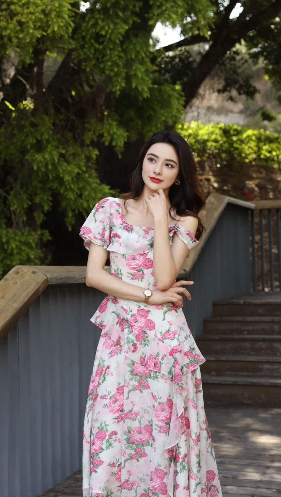 ASYMMETRIC RUFFLE FLORAL CHIFFON HOCOMAXI DRESS