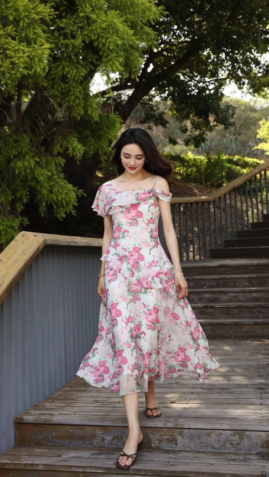 ASYMMETRIC RUFFLE FLORAL CHIFFON HOCOMAXI DRESS