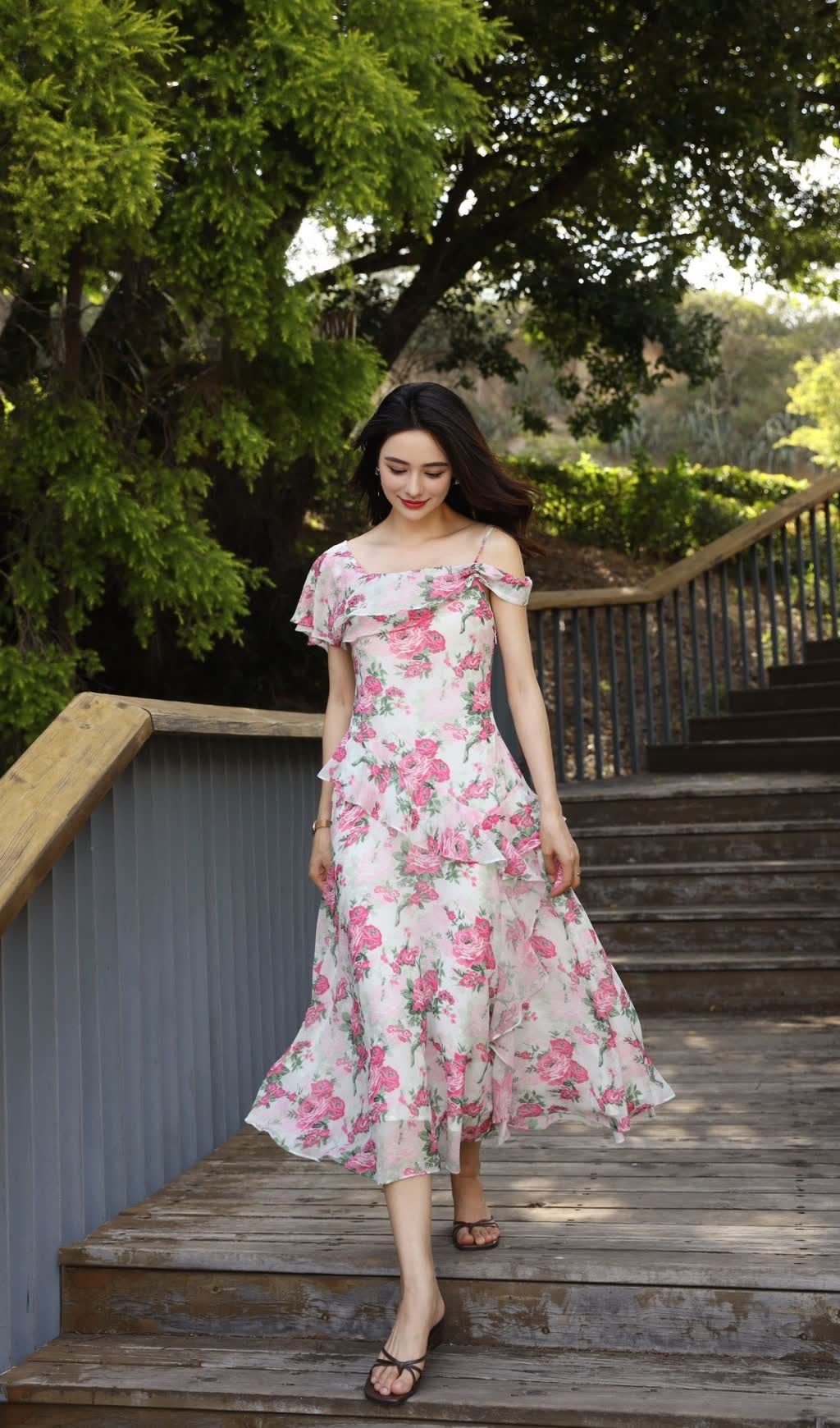 ASYMMETRIC RUFFLE FLORAL CHIFFON HOCOMAXI DRESS