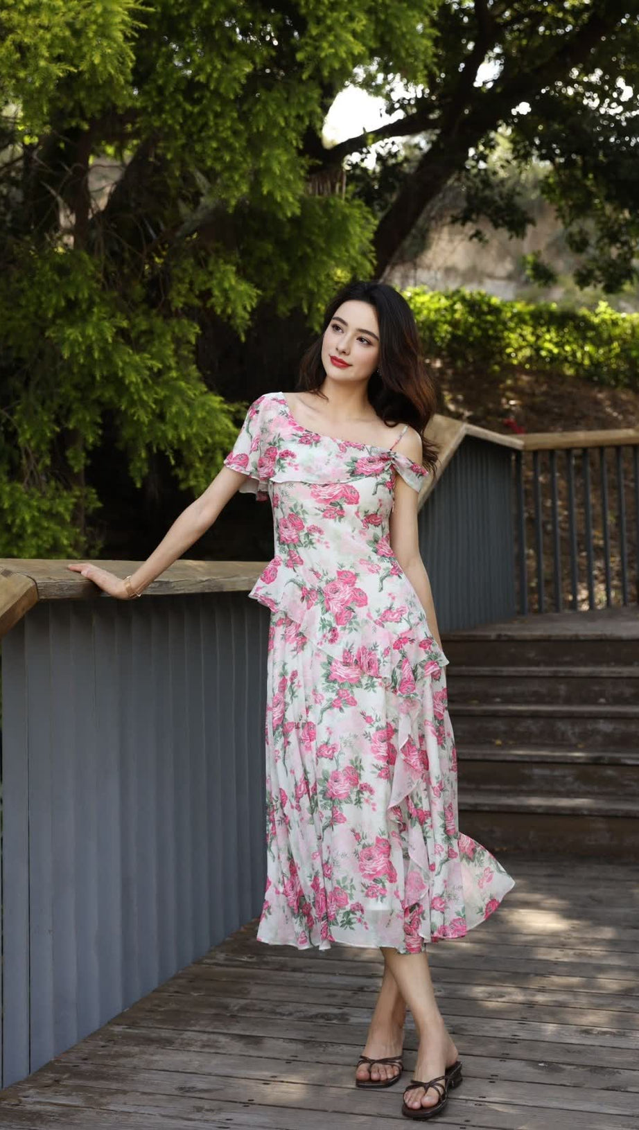 ASYMMETRIC RUFFLE FLORAL CHIFFON HOCOMAXI DRESS