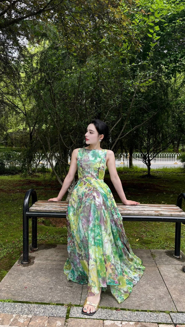 AIIZIE WATERCOLOR FLORAL CHIFFON SLEEVELESS HOCO MAXI DRESS - product image