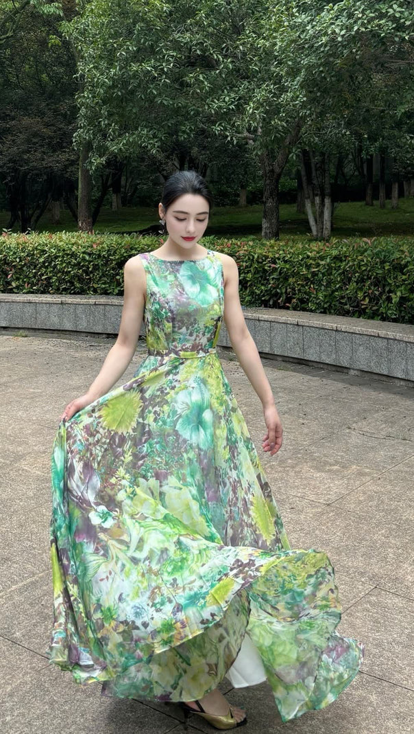 AIIZIE WATERCOLOR FLORAL CHIFFON SLEEVELESS HOCO MAXI DRESS - product image