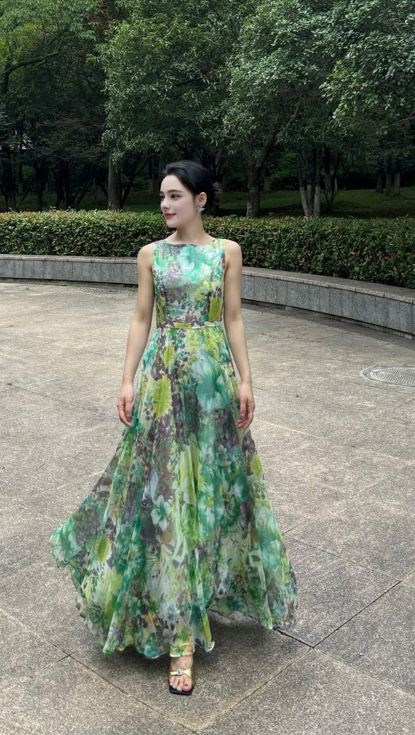 AIIZIE WATERCOLOR FLORAL CHIFFON SLEEVELESS HOCO MAXI DRESS - product image