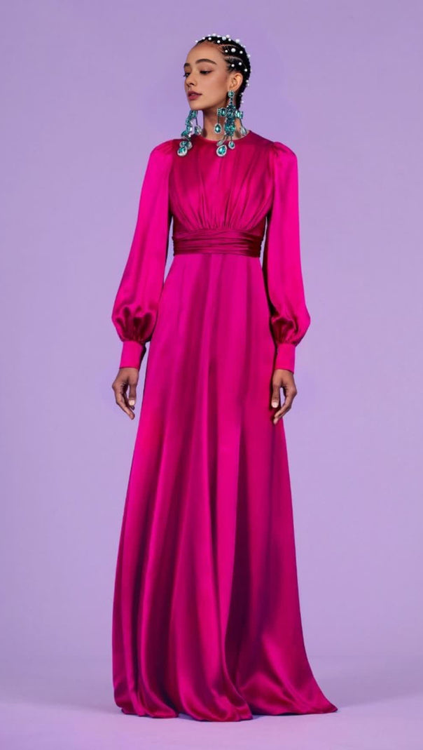 AIIZIE ROSE RED SATIN MAXI DRESS: SLIM - FIT, LUXURY EVENING GOWN FOR GRACE - product image