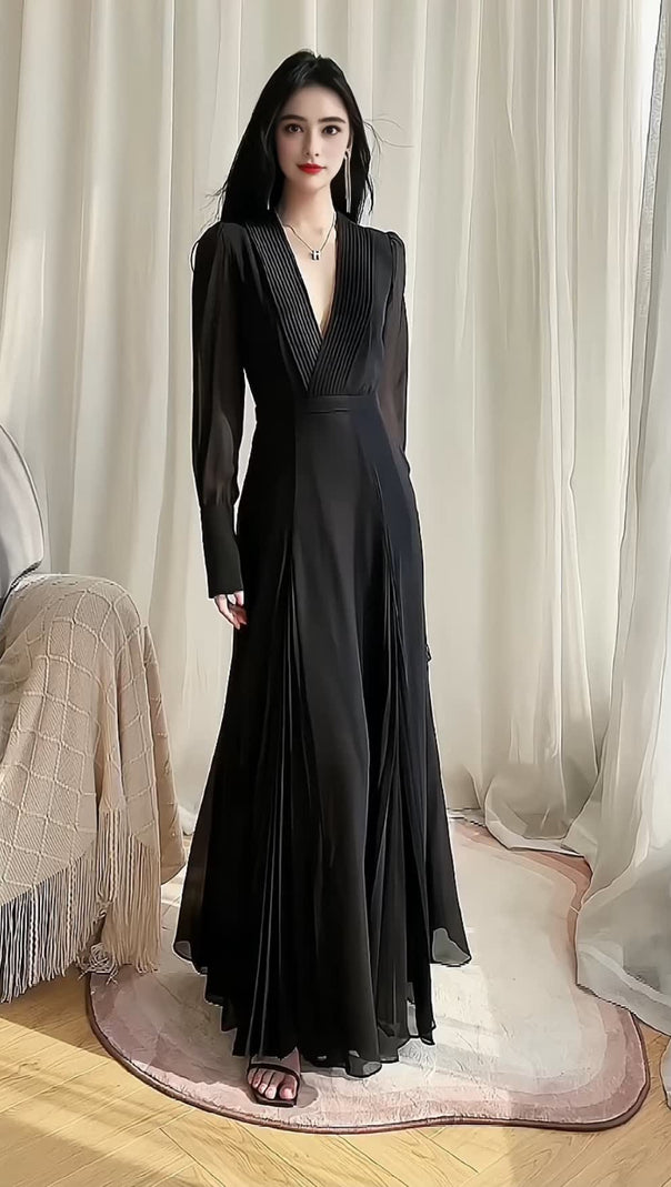 AIIZIE ELEGANT BLACK MAXI DRESS WITH DEEP V - NECK & LONG SLEEVES - product image