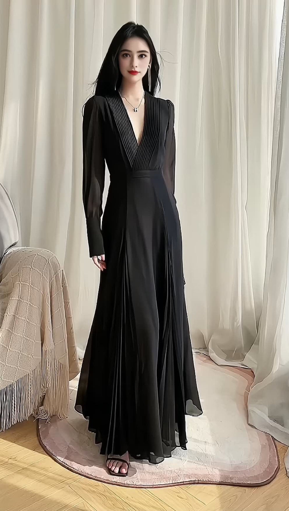ELEGANT BLACK MAXI DRESS WITH DEEP V - NECK & LONG SLEEVES