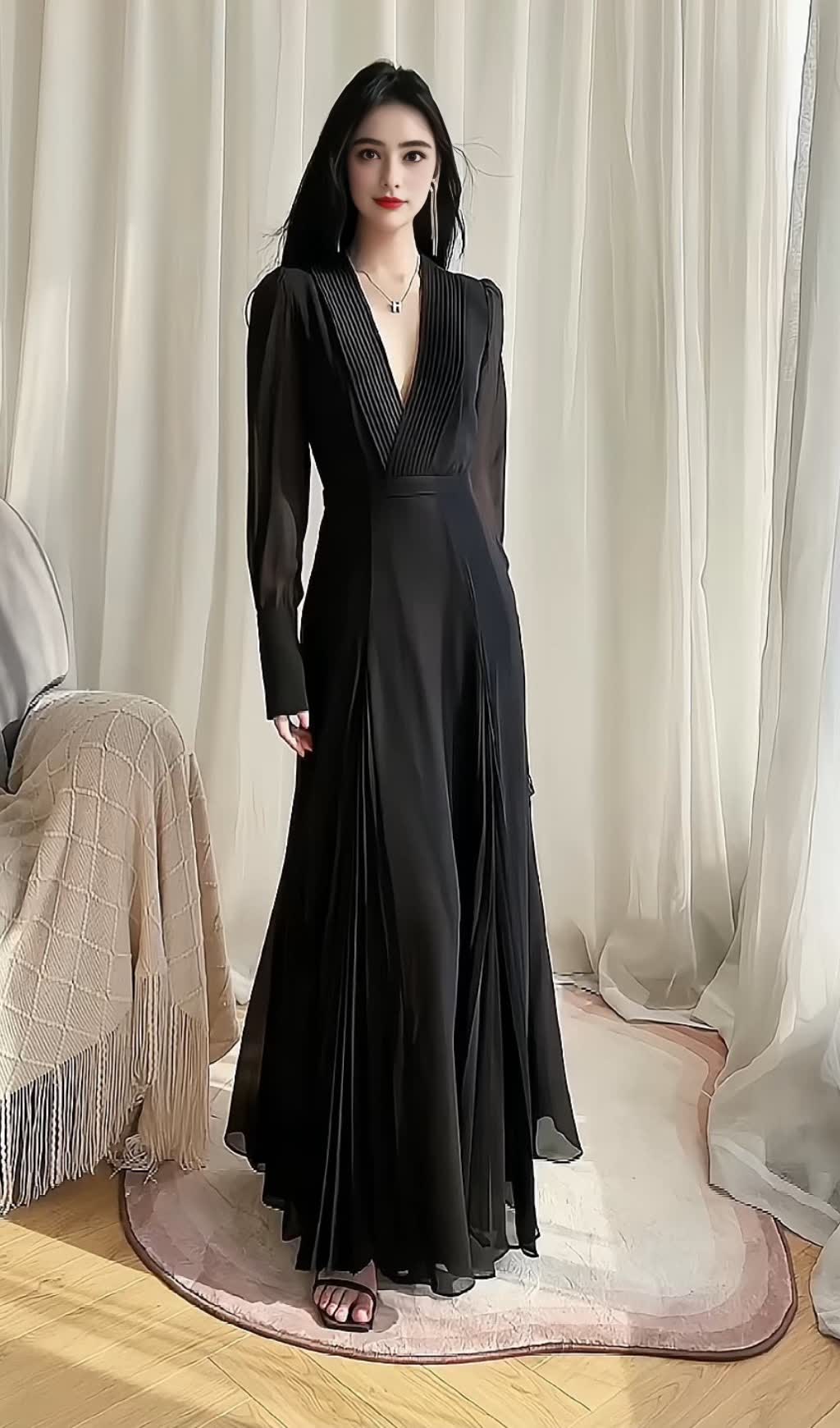 ELEGANT BLACK MAXI DRESS WITH DEEP V - NECK & LONG SLEEVES