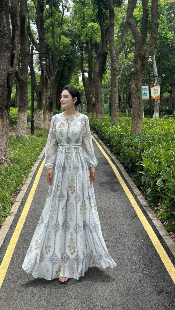 AIIZIE WHITE HIGH - WAIST SLIM FLORAL PRINTED LONG - SLEEVE MAXI FLARED DRESS - product image