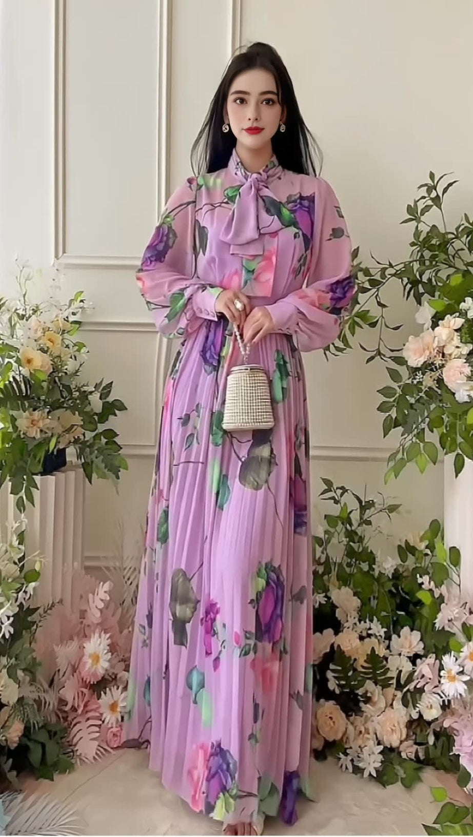 LILAC FLORAL PRINT BOW NECKLINE LONG CHIFFON DRESS