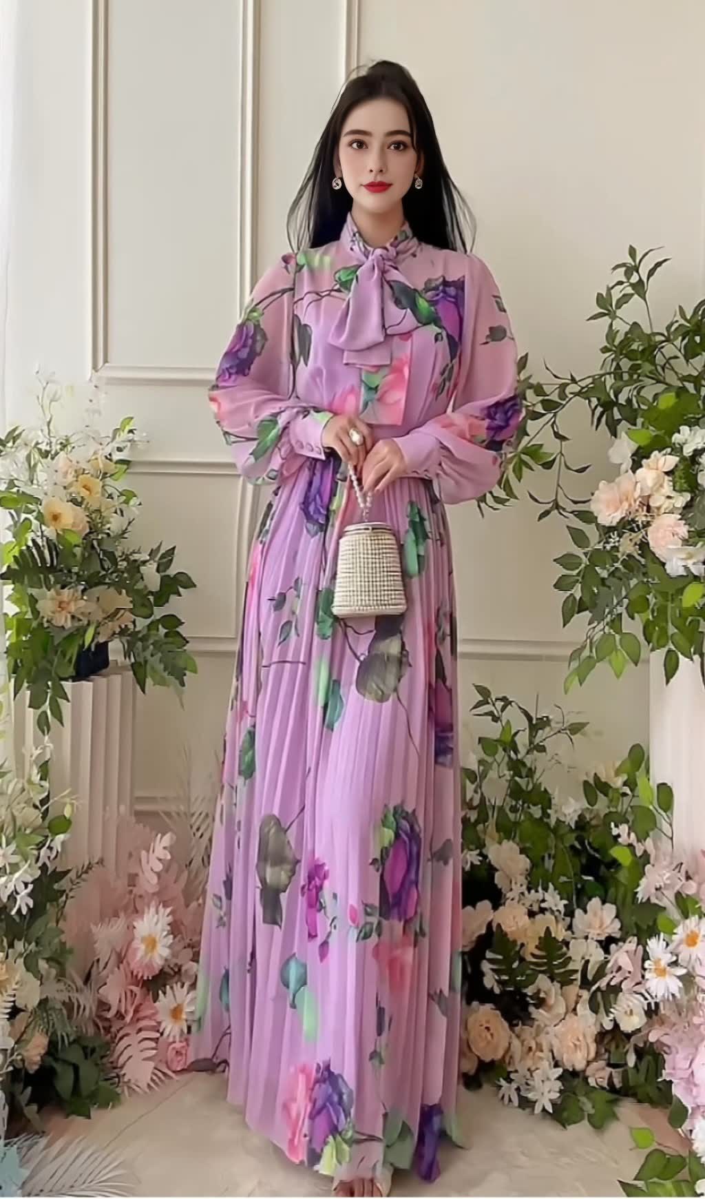 LILAC FLORAL PRINT BOW NECKLINE LONG CHIFFON DRESS