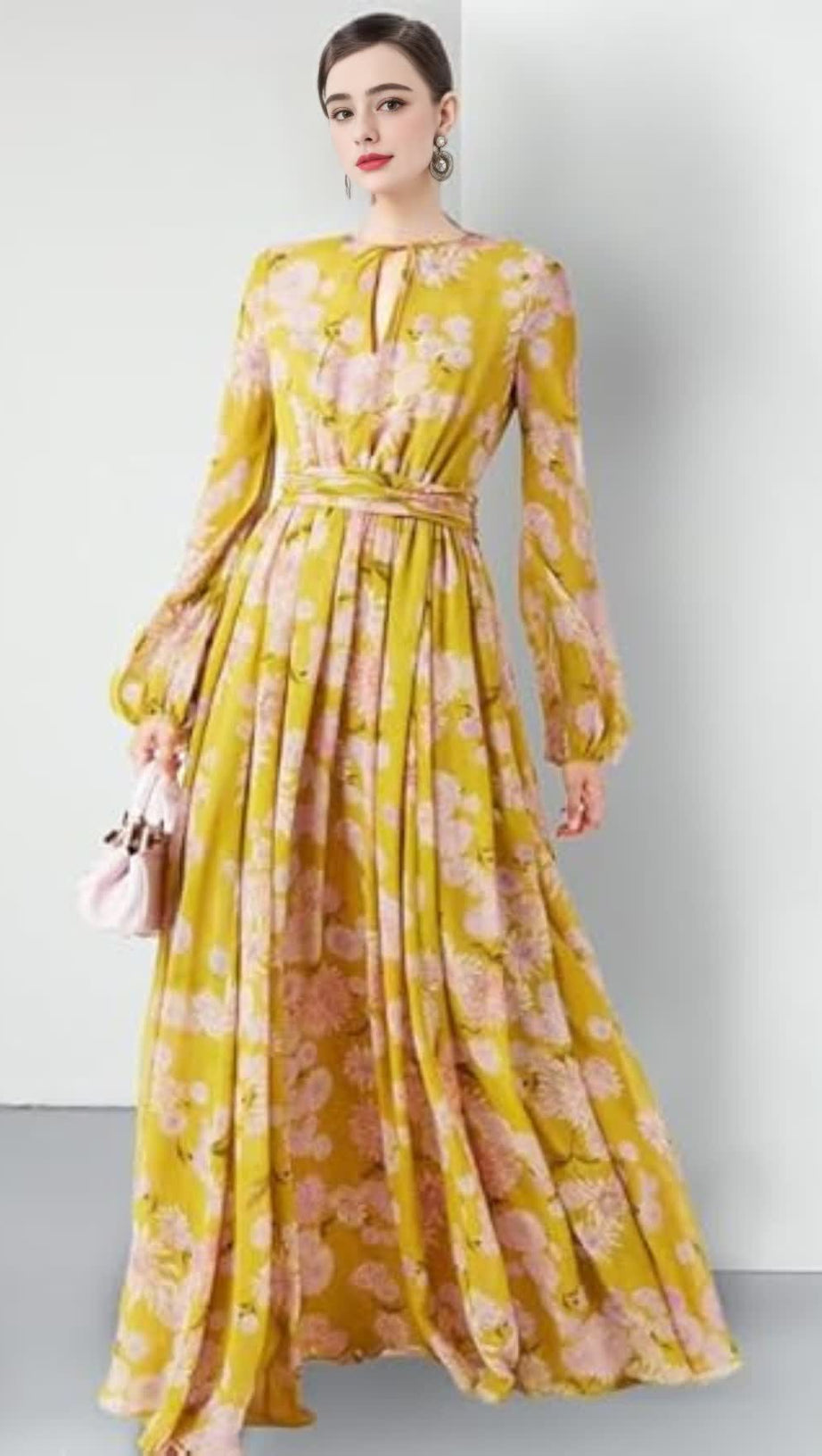 YELLOW FLORAL MAXI DRESS WITH FLOWY SLEEVES AND BELTED WAIST