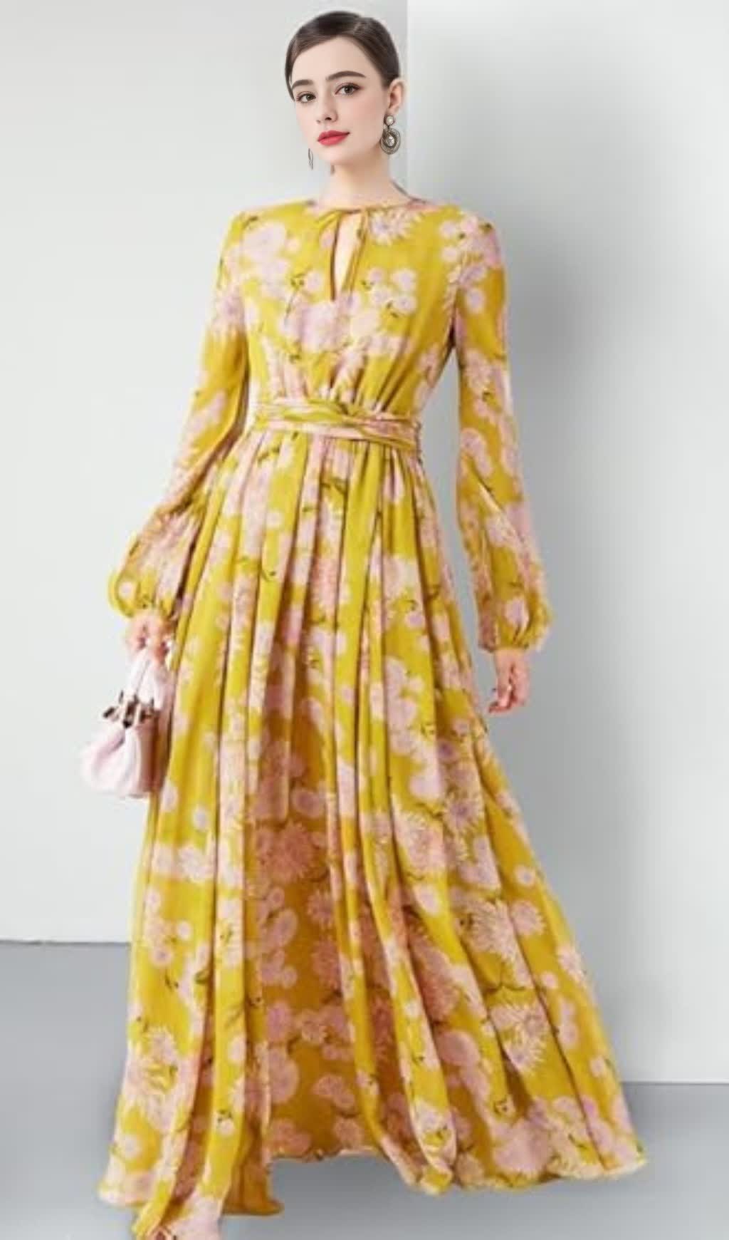 YELLOW FLORAL MAXI DRESS WITH FLOWY SLEEVES AND BELTED WAIST