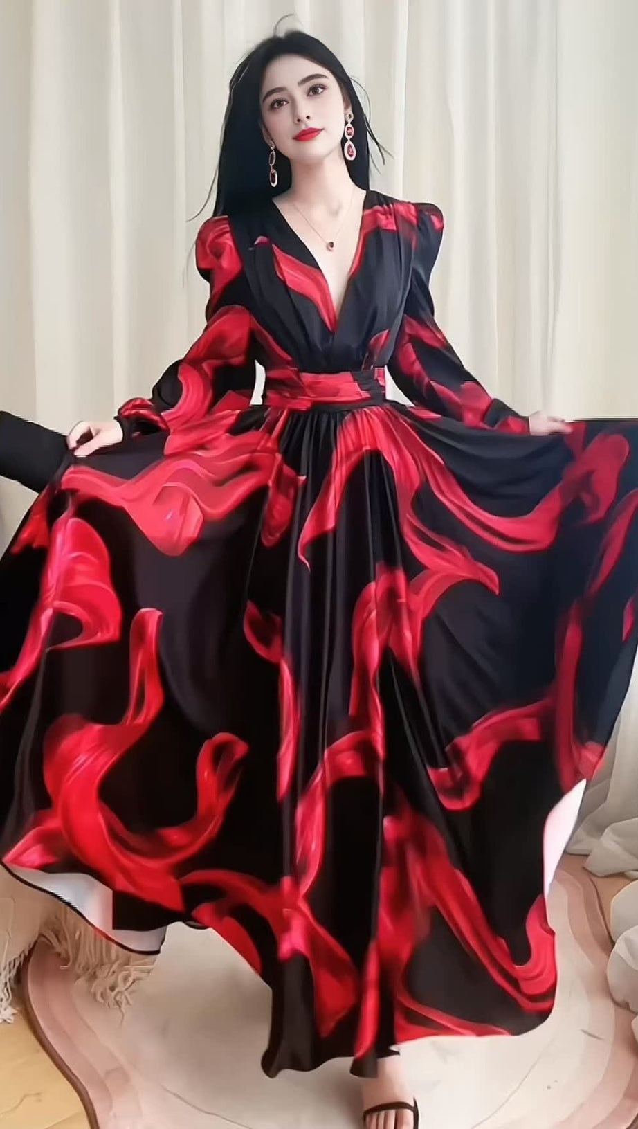 BLACK MAXI DRESS WITH RED PRINTS, PUFF SLEEVES & V - NECK