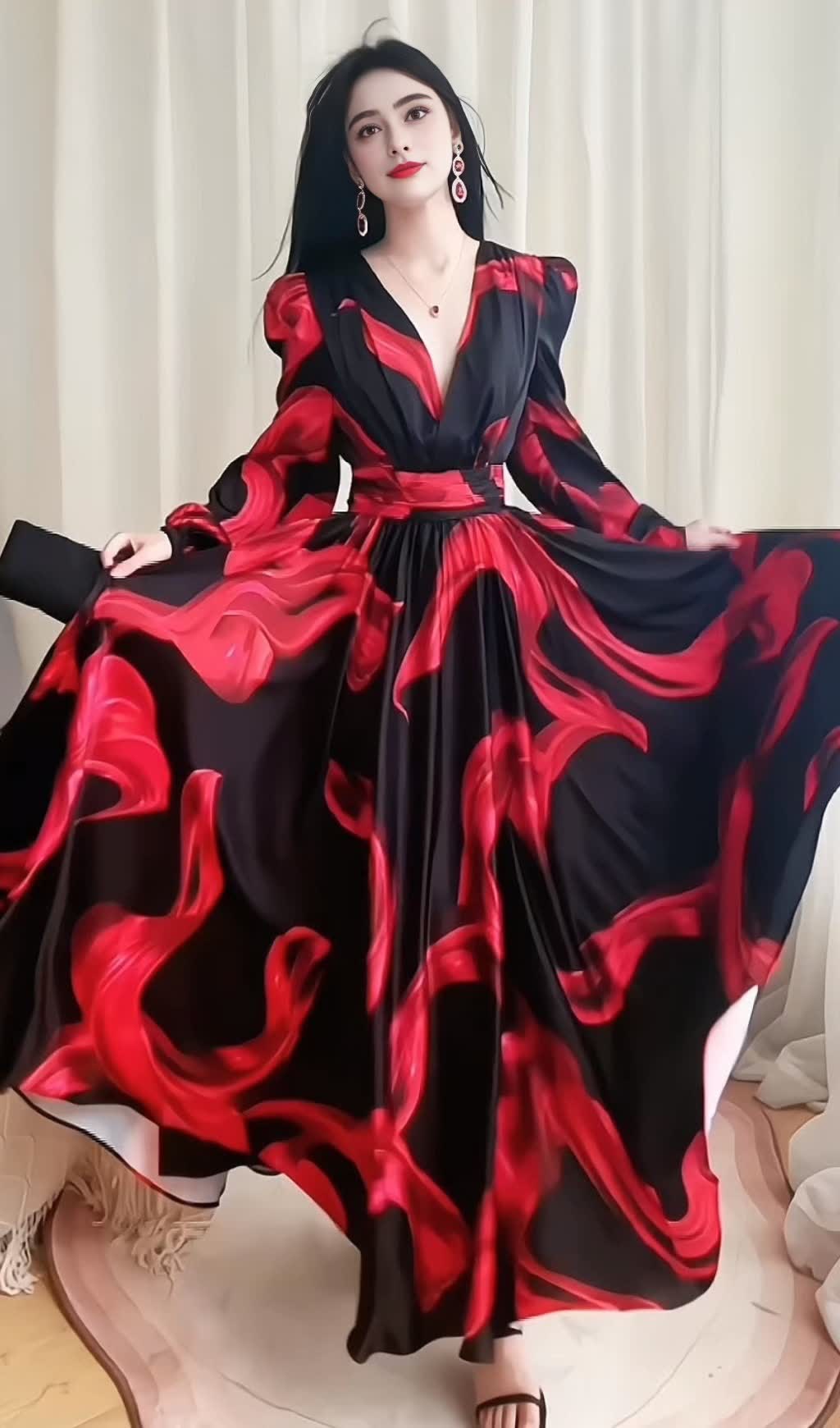BLACK MAXI DRESS WITH RED PRINTS, PUFF SLEEVES & V - NECK