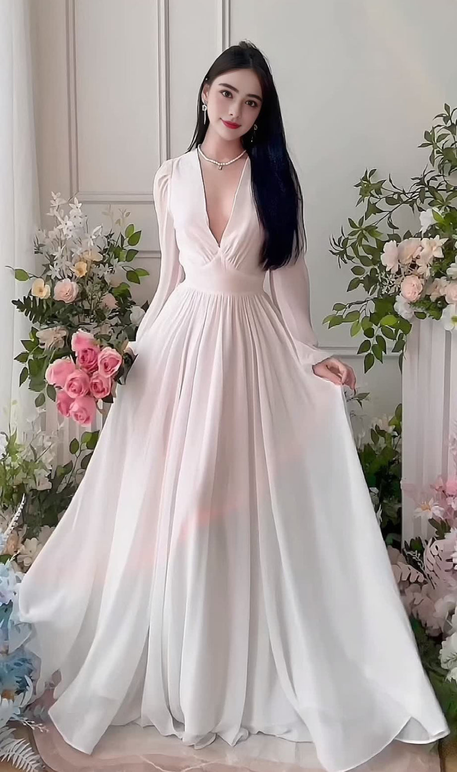 White Elegant V - neck Long