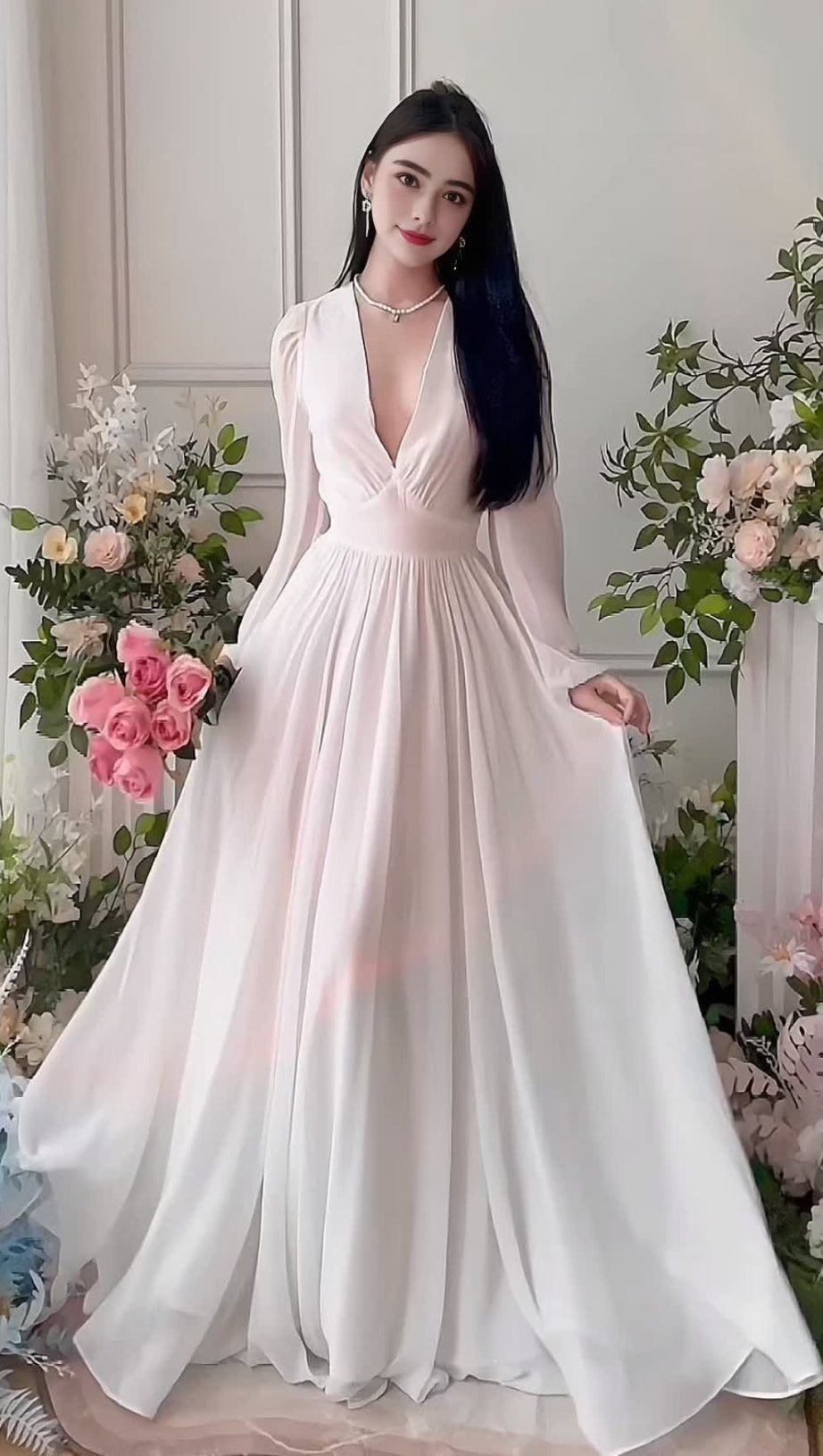 Weißes elegantes Chiffon-Maxikleid mit V-Ausschnitt und langen Ärmeln 