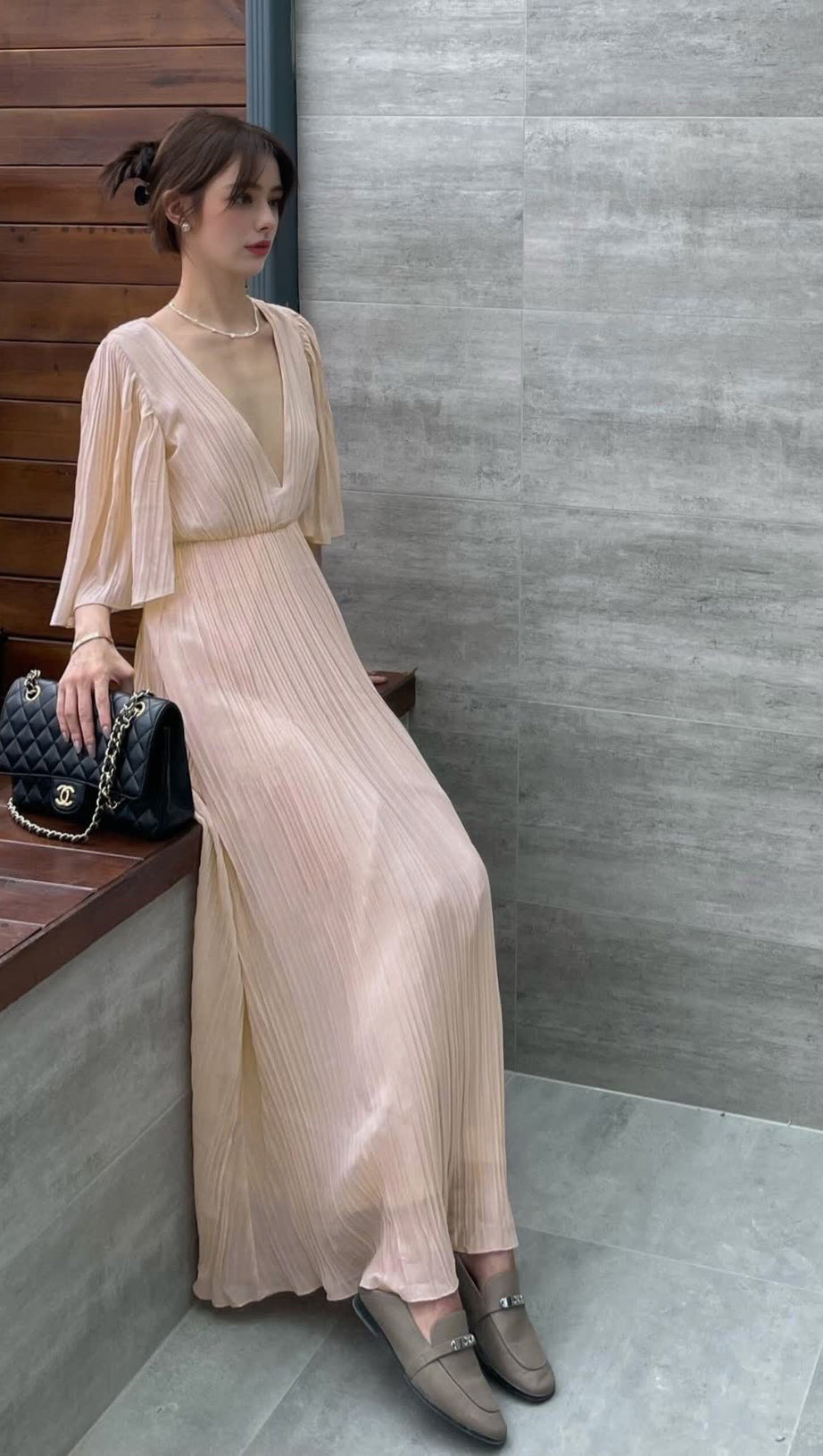 LOTUS ROOT ELEGANT V - NECK PLEATE MAXI DRESS