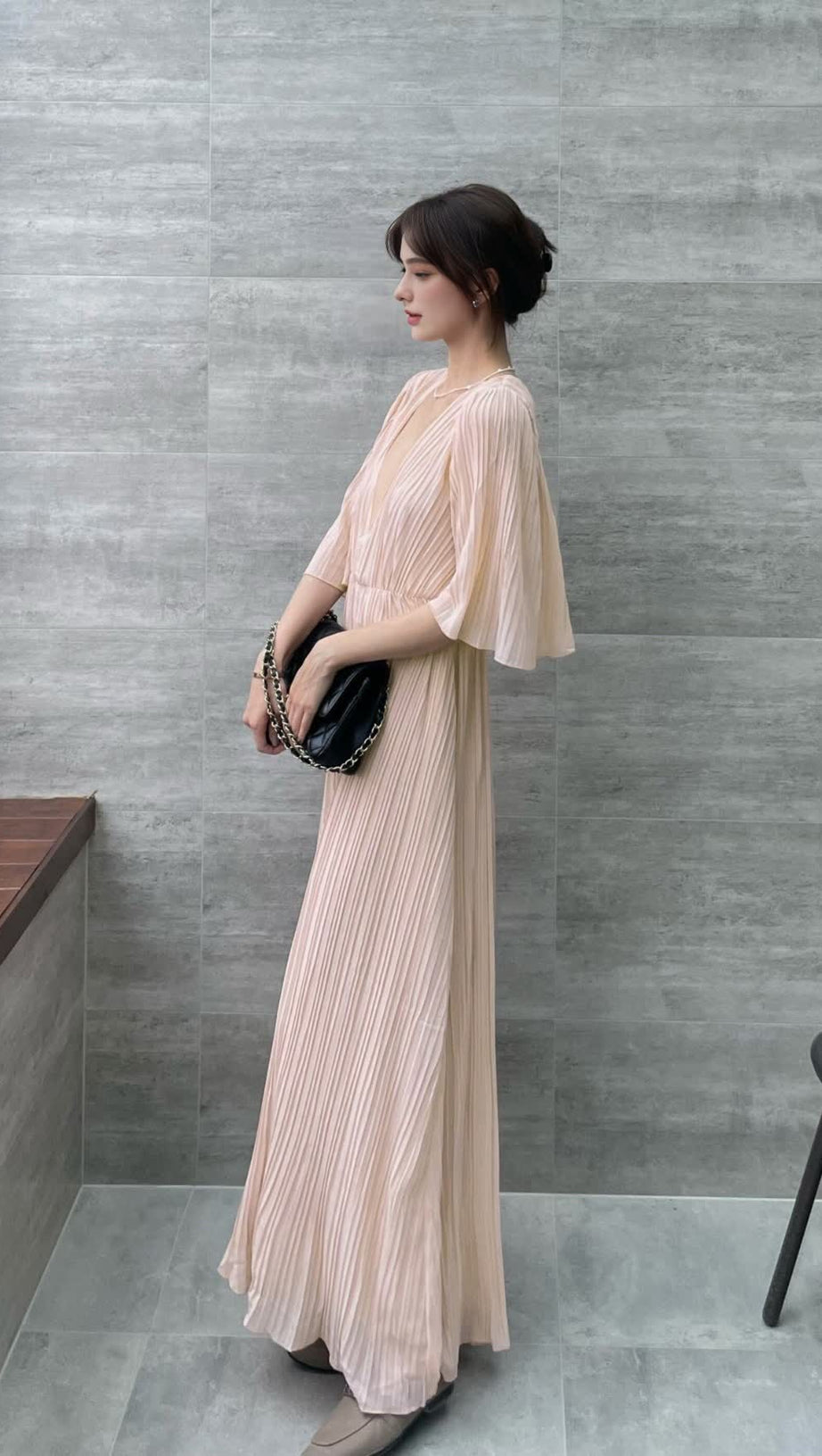 LOTUS ROOT ELEGANT V - NECK PLEATE MAXI DRESS