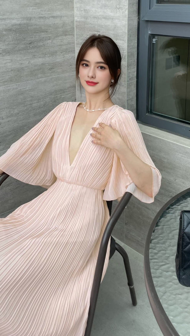AIIZIE LOTUS ROOT ELEGANT V - NECK PLEATE MAXI DRESS - product image