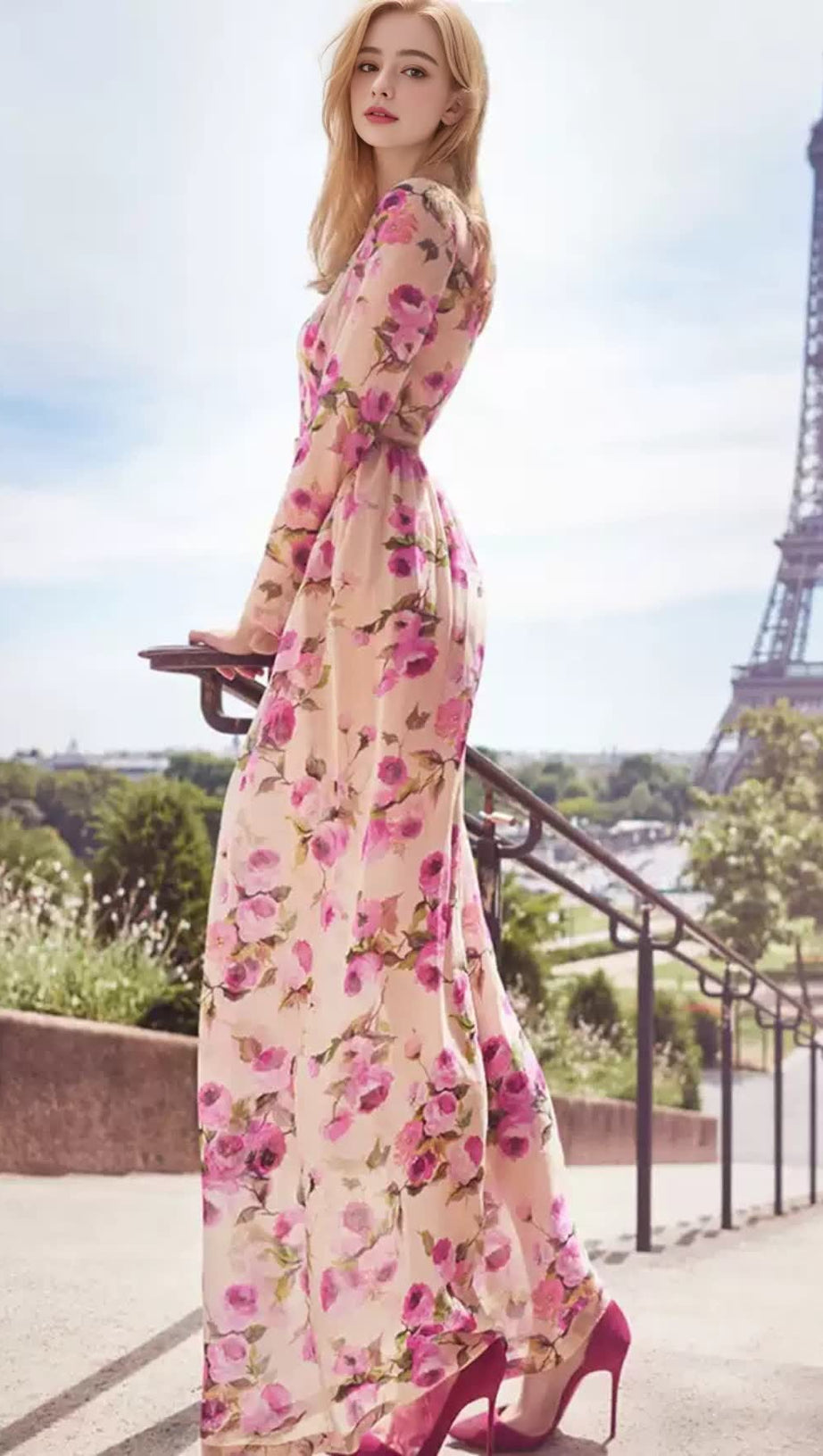 PINK FLORAL CHIFFON MAXI DRESS