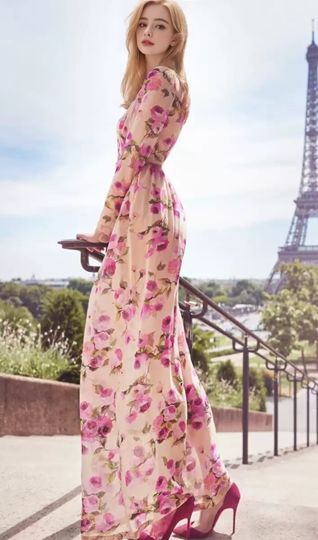 PINK FLORAL CHIFFON MAXI DRESS
