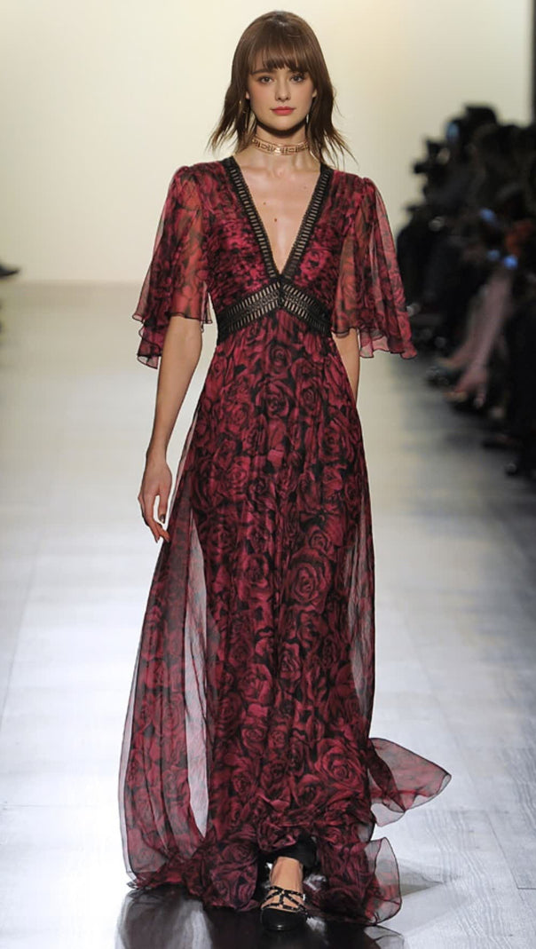 AIIZIE RED PRINTED ROSE V - NECK SHORT - SLEEVE MAXI DRESS - product image