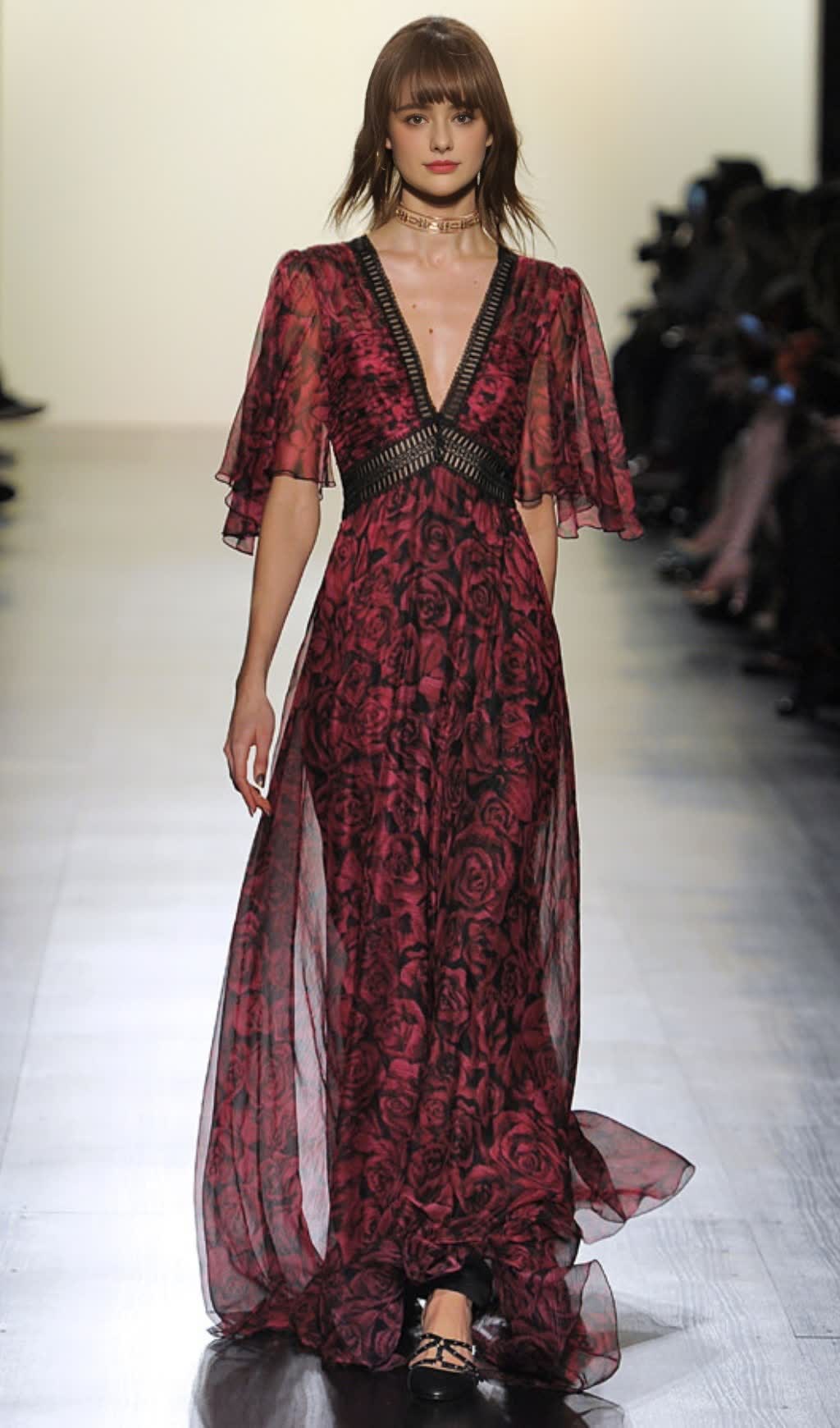 RED PRINTED ROSE V - NECK SHORT - SLEEVE MAXI DRESS