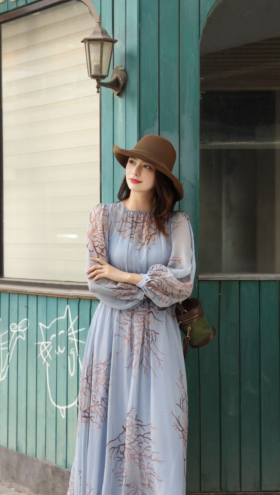 LIGHT BLUE CHIFFON MAXI DRESS WITH TREE PRINT MAXI DRESS