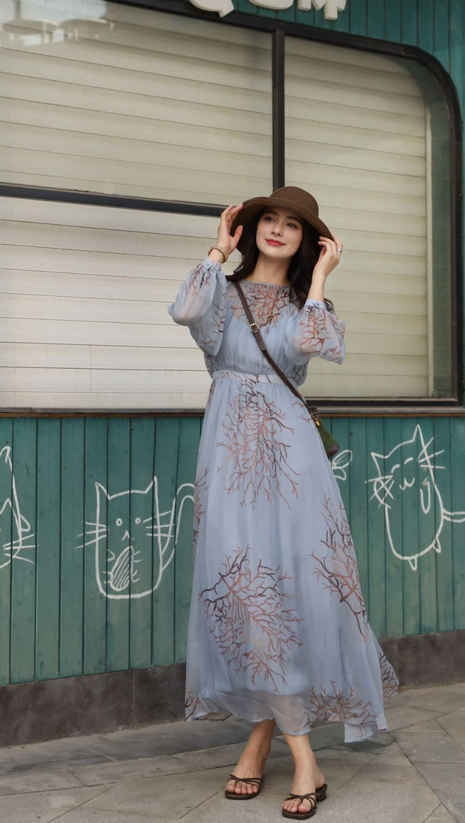 LIGHT BLUE CHIFFON MAXI DRESS WITH TREE PRINT MAXI DRESS