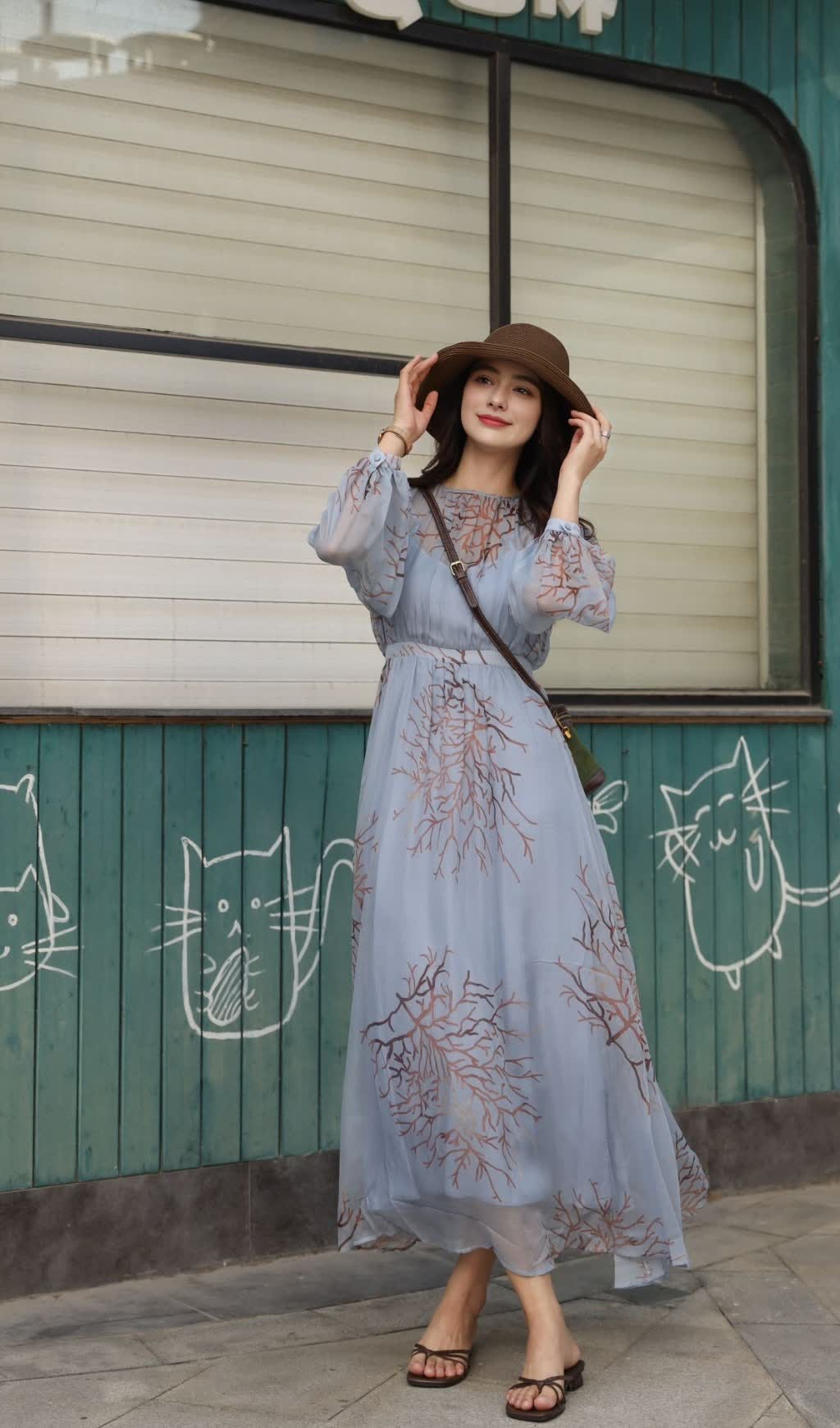 LIGHT BLUE CHIFFON MAXI DRESS WITH TREE PRINT MAXI DRESS