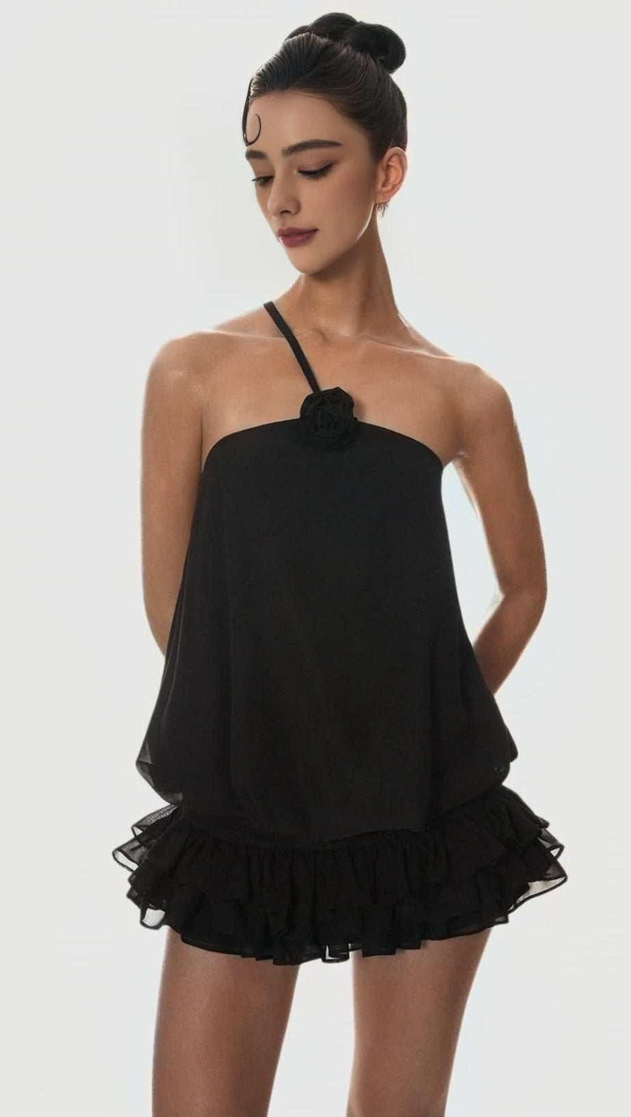 Dellesa Floral One-Shoulder-Top - Schwarz