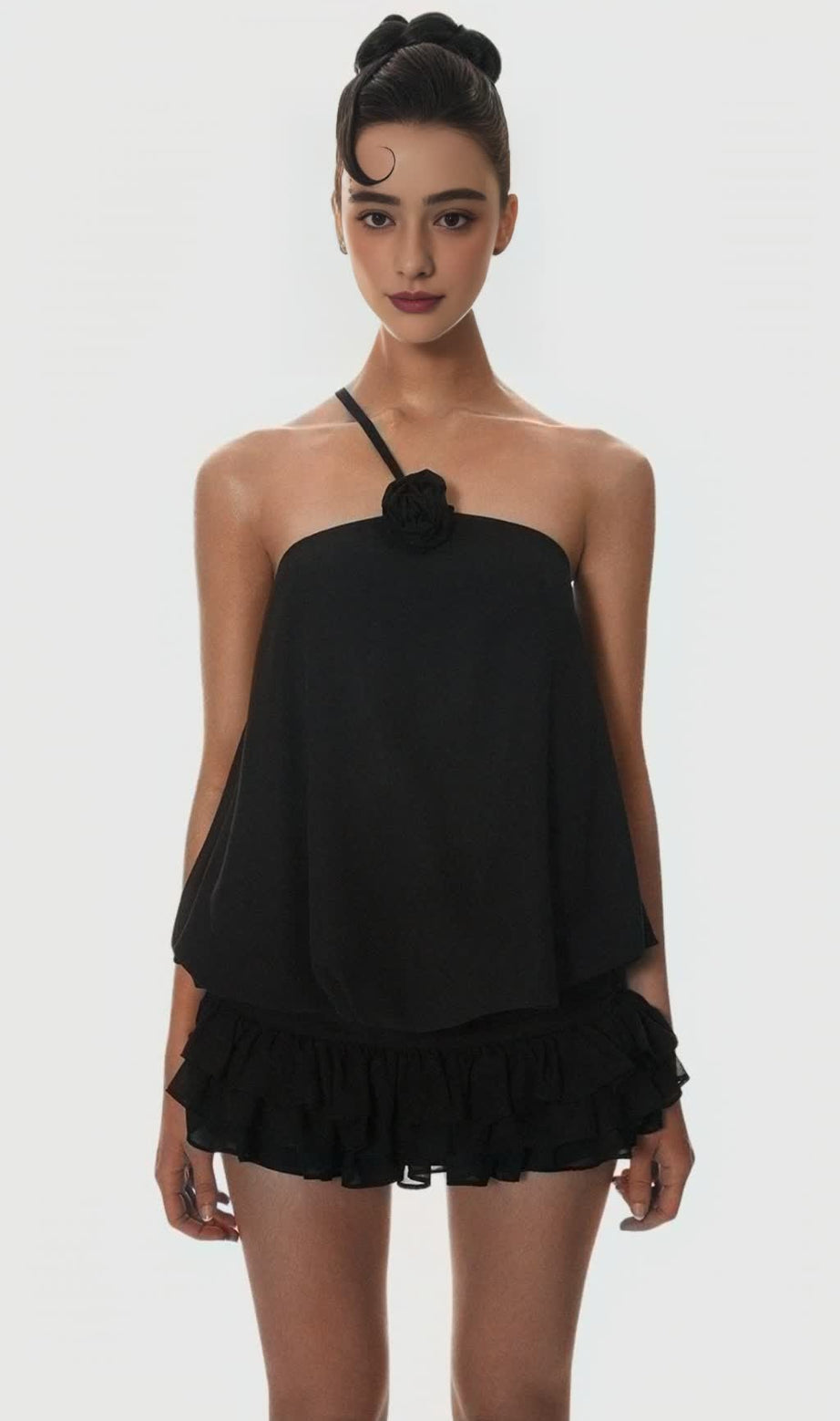 Dellesa Floral One-Shoulder-Top - Schwarz