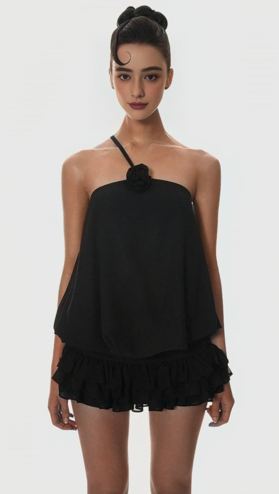 Dellesa Floral One-Shoulder-Top - Schwarz