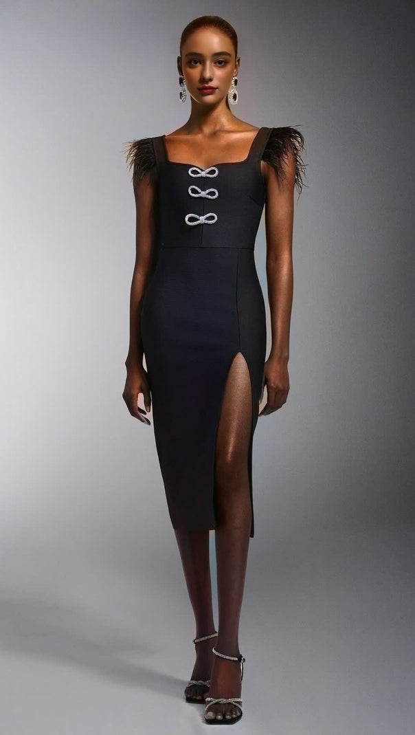 AIIZIE JOSEPHINE BOWS HIGH SLIT DIAMOND BANDAGE MIDI DRESS - product image