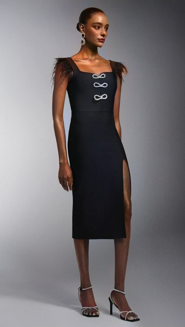 AIIZIE JOSEPHINE BOWS HIGH SLIT DIAMOND BANDAGE MIDI DRESS - product image