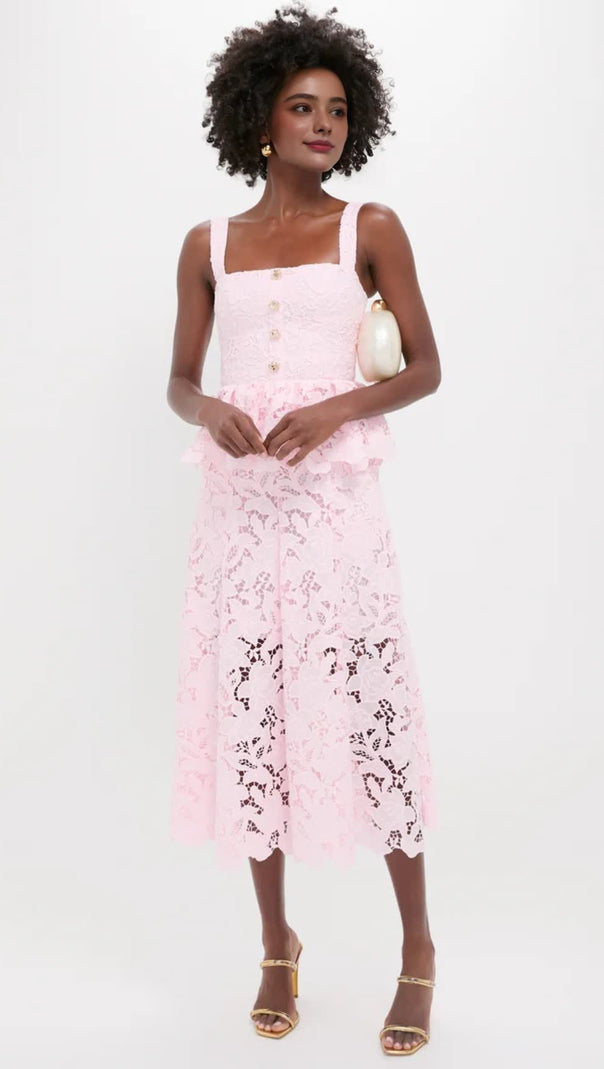 AIIZIE PINK LACE PEPLUM MIDI DRESS - product image