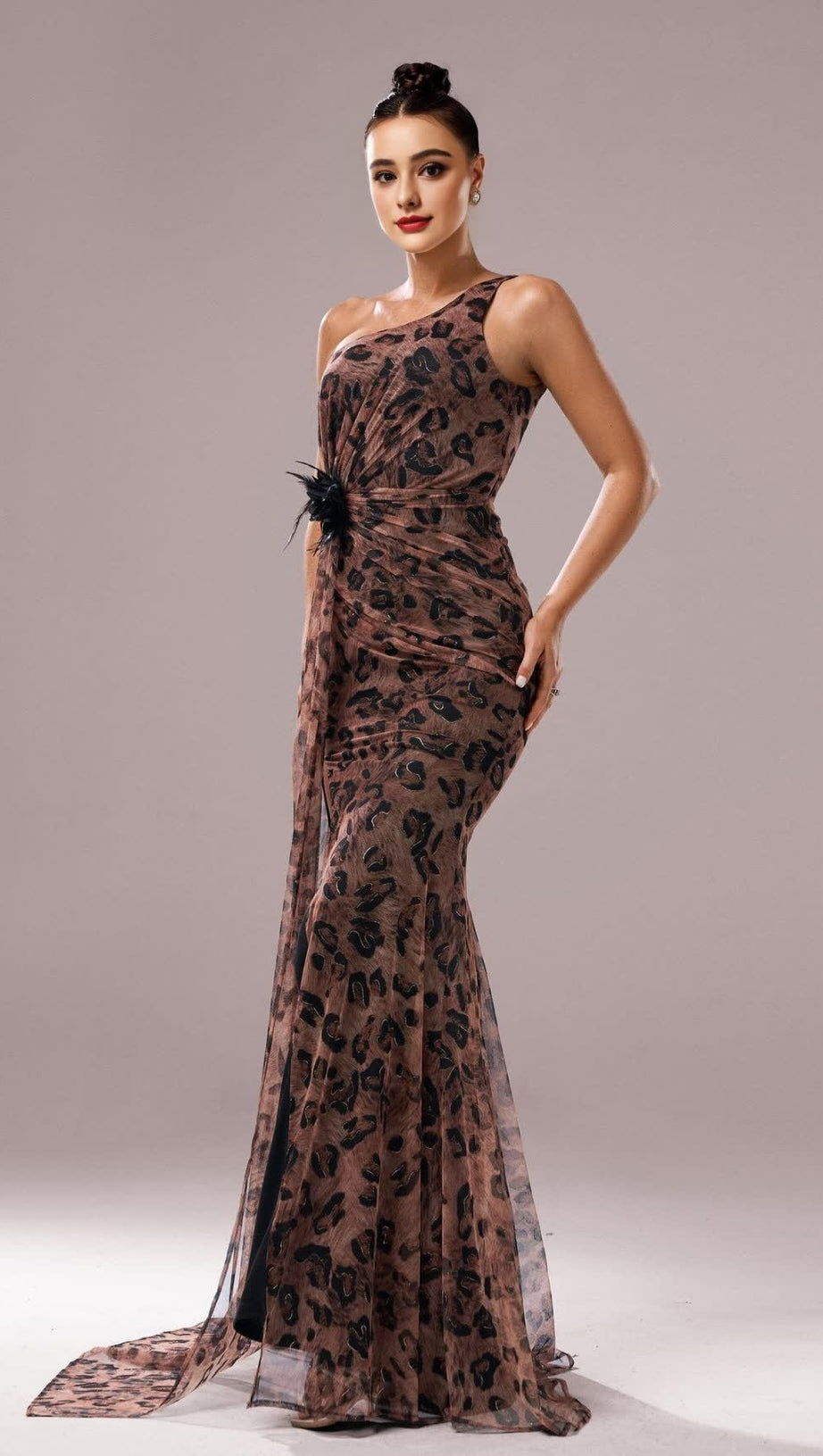 JOCELYN HIGH SLIT FEATHER ONE-SHOULDER MAXI DRESS