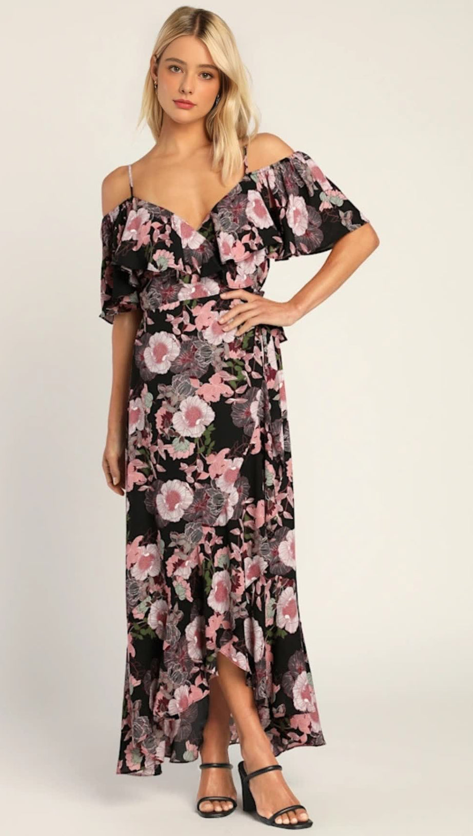 BLOOMED FLORAL OFF-THE-SHOULDER MAXI WRAP DRESS IN BLACK