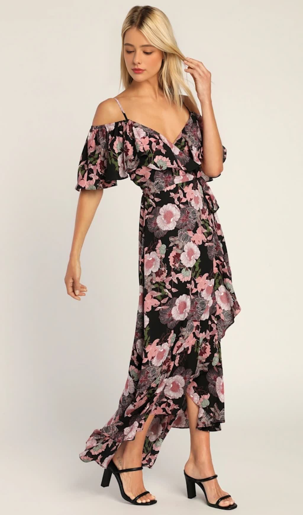 Schulterfreies Maxi-Wickelkleid mit Bloomed-Blumenmuster in Schwarz