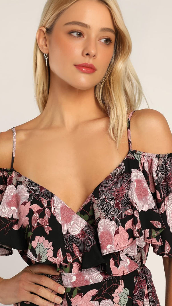 AIIZIE BLOOMED FLORAL OFF-THE-SHOULDER MAXI WRAP DRESS IN BLACK - product image
