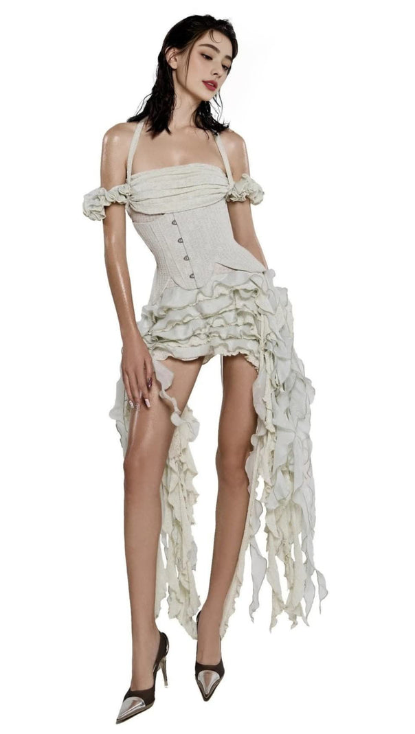 AIIZIE ELVA HALTER THREE-DIMENSIONAL FLOWER IRREGULAR TASSEL MINI DRESS IN BEIGE - product image