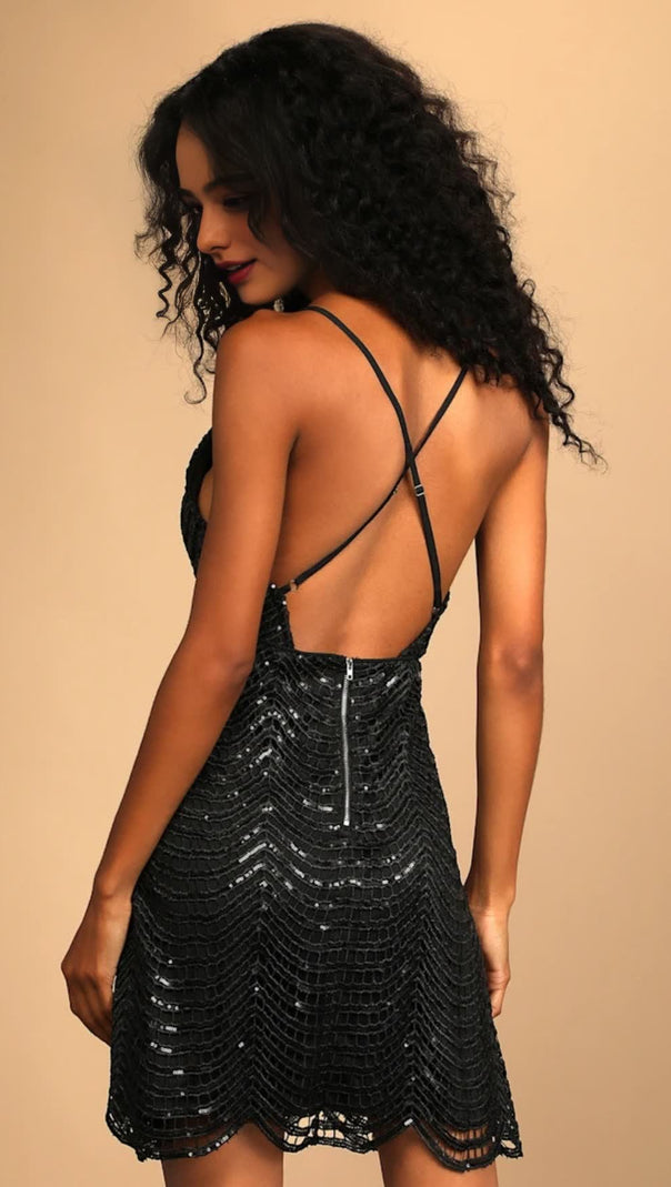 AIIZIE SEQUIN HOLLOW MINI DRESS IN BLACK - product image