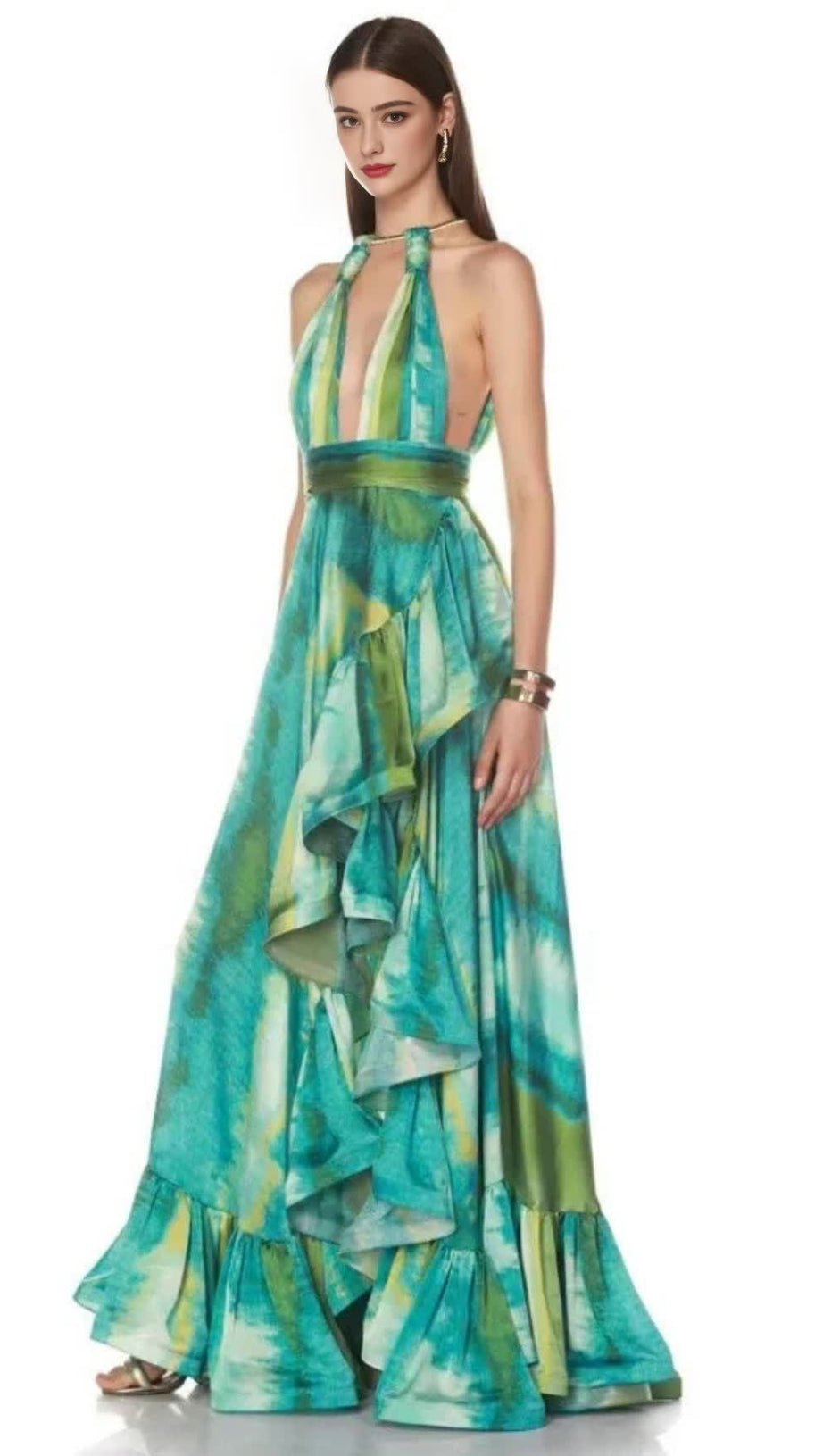 HALTER PRINTED CUTOUT RUFFLE MAXI DRESS