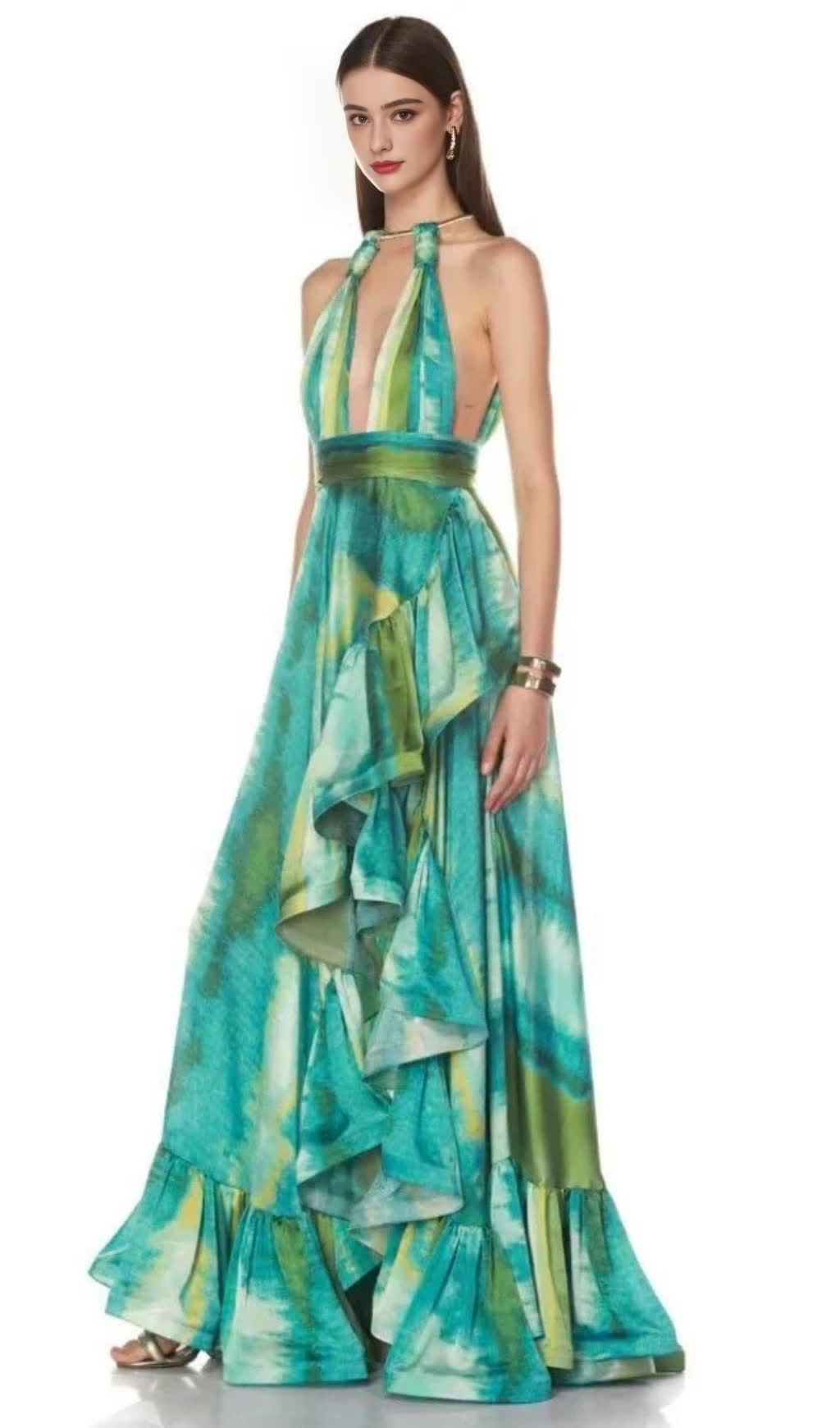 HALTER PRINTED CUTOUT RUFFLE MAXI DRESS