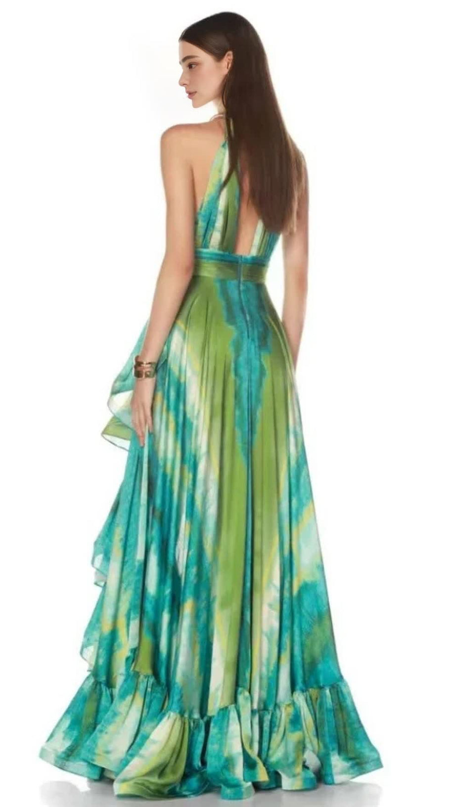 HALTER PRINTED CUTOUT RUFFLE MAXI DRESS