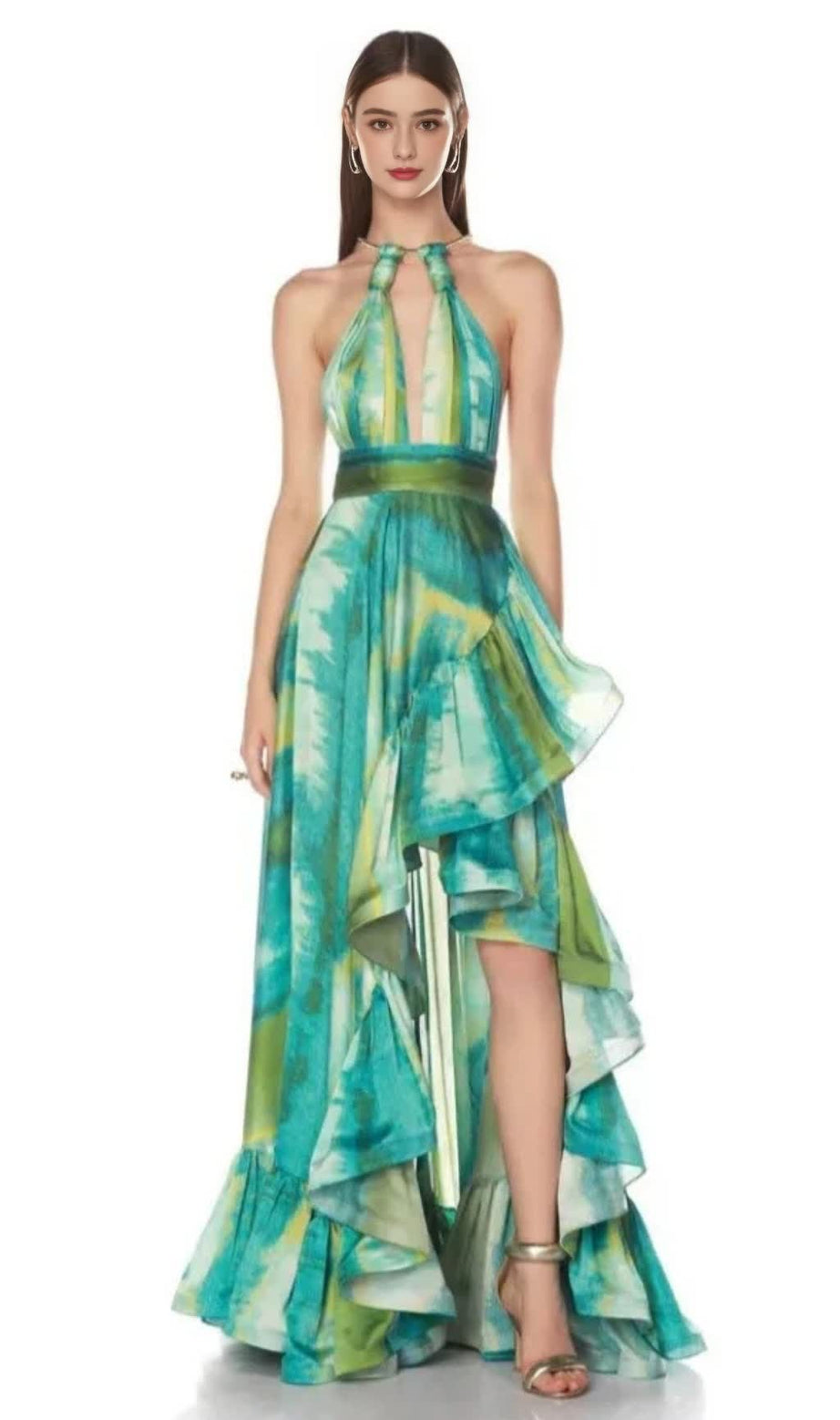 Halter Printed Cutout Ruffle Maxi Dress