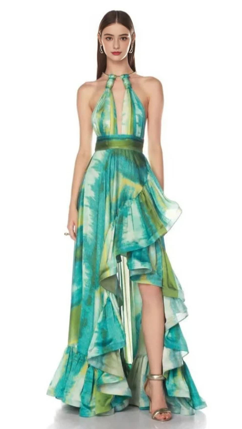HALTER PRINTED CUTOUT RUFFLE MAXI DRESS